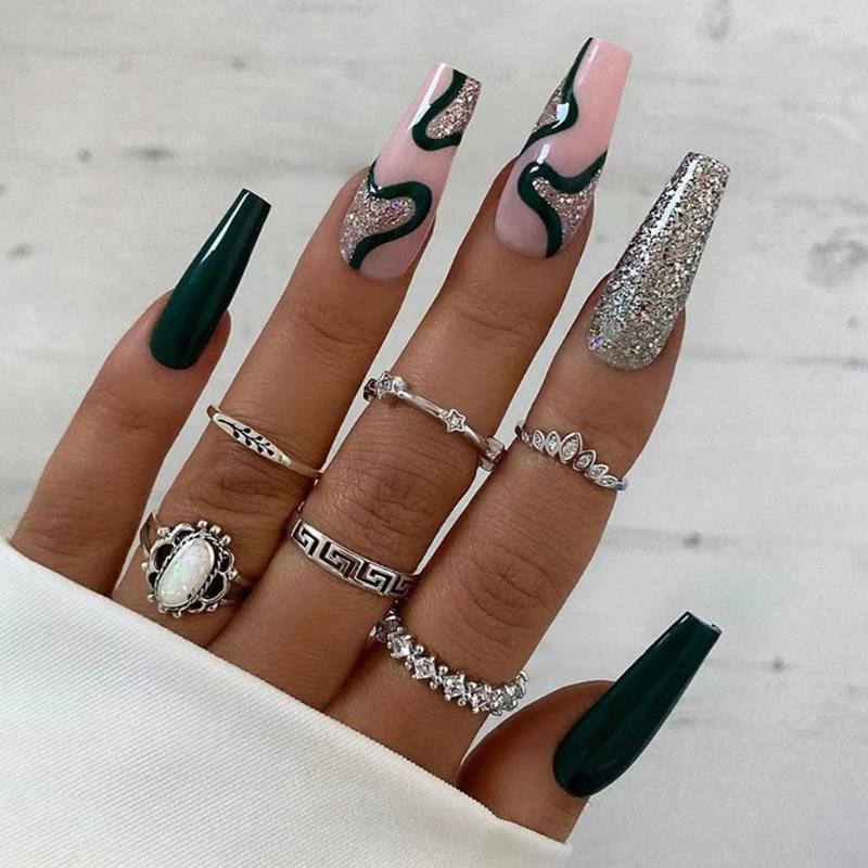 

False Nails 24Pcs Glossy Dark Green Glitter Long Fake For Women And Girls Easy Tear Not Fall Nail Art AC889, Jelly glue model