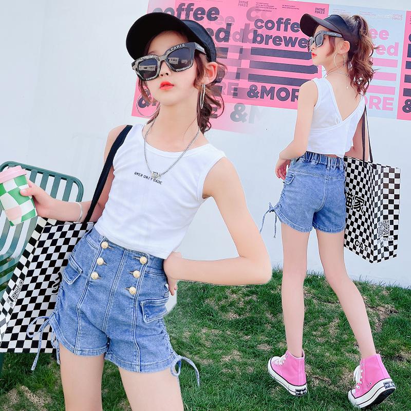 

Clothing Sets 2022 Summer Girls Clothes Cotton Short Vest Sleeveless T-shirt 1/2 Jeans Pants Shorts Suit 3 To 14 Years Children's Set, White