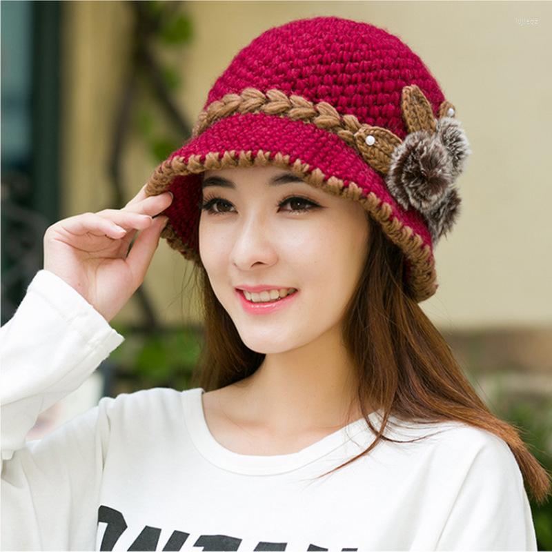 

Berets Women Lady Winter Warm Casual Caps Female Beautiful Wool Crochet Knitted Flowers Decorated Ears Hats Bonnet Femme, Red