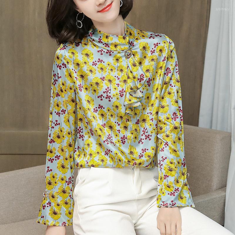 

Women's Blouses Real Silk Women's Satin Shirts Elegant Fashion Women Long Sleeve Floral Shirt Spring Autumn Woman Vintage Blouse Tops, Green