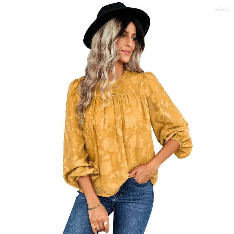 

Women' Blouses 2022 Autumn Winter Chiffon Long Sleeve Flower Round Neck Tops Office Lady Loose Lace Shirt Elegant Black Women Clothing