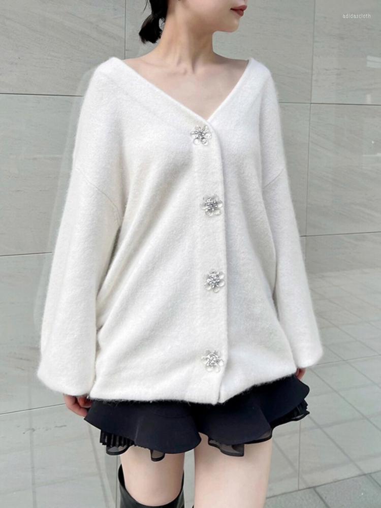 

Women's Knits Solid V Neck Long Sleeve Outwear Tops Autumn Winter Elegant Women Sweaters Sweet Chic Diamonds Button Knitted Cardigans, Ivory