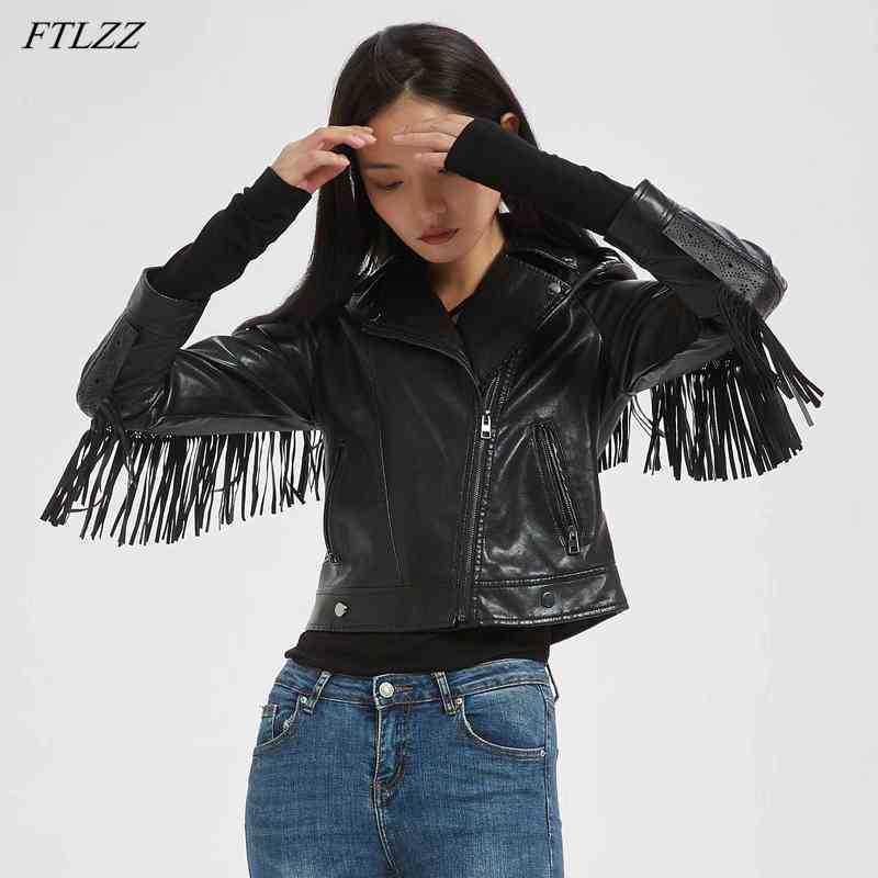 

Ftlzz Spring Autumn Tassels Faux Leather Short Jacket Women Hollow Out Figure Design Pu Leather Jacket Locomotive Style Outrunner J220727, Black