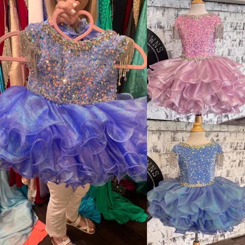 

Girl Dresses Cupcake Pageant Dress For Little Miss 2023 Glitz Baby Kids Birthday Party Gown Infant Toddler Blue Pink Cap Sleeves Glitter