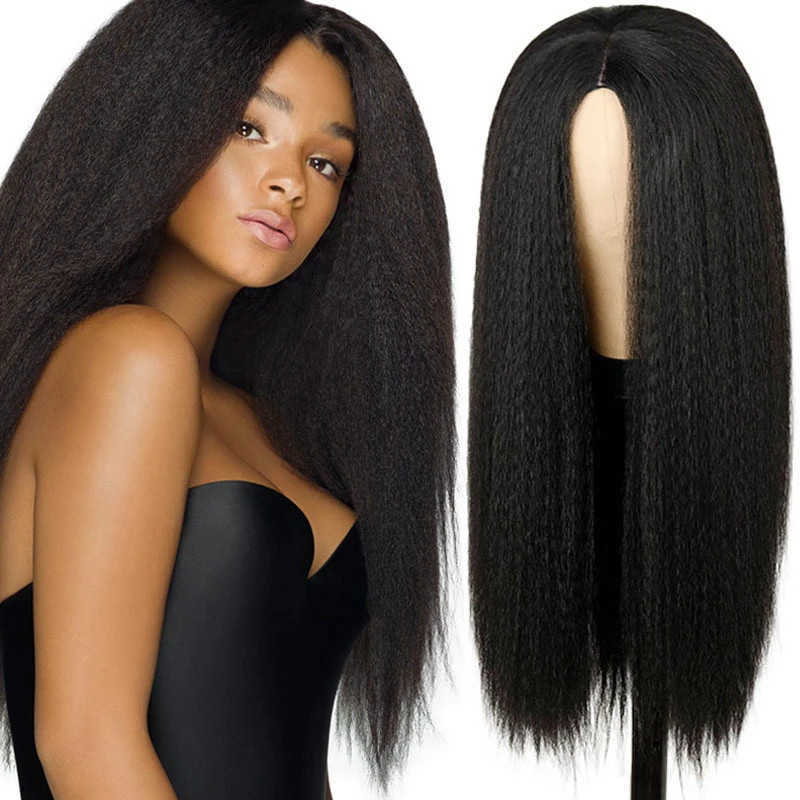 

Women's Hair Wigs Lace Synthetic Wig Fashion Yaki Straight Chemical Fiber Headgear Female ffy Explosive Head, Black