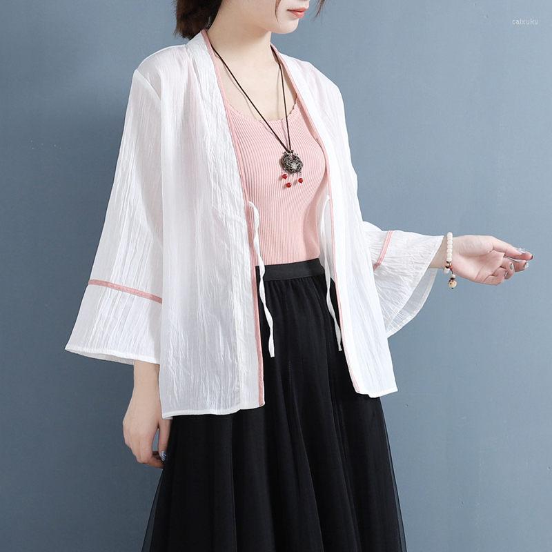 

Women's Jackets Retro Summer Cotton And Linen Short Coat Female Loose Tie Chinese Style Trumpet Sleeve Hanfu Cardigan Clothes Top Shawl, Green