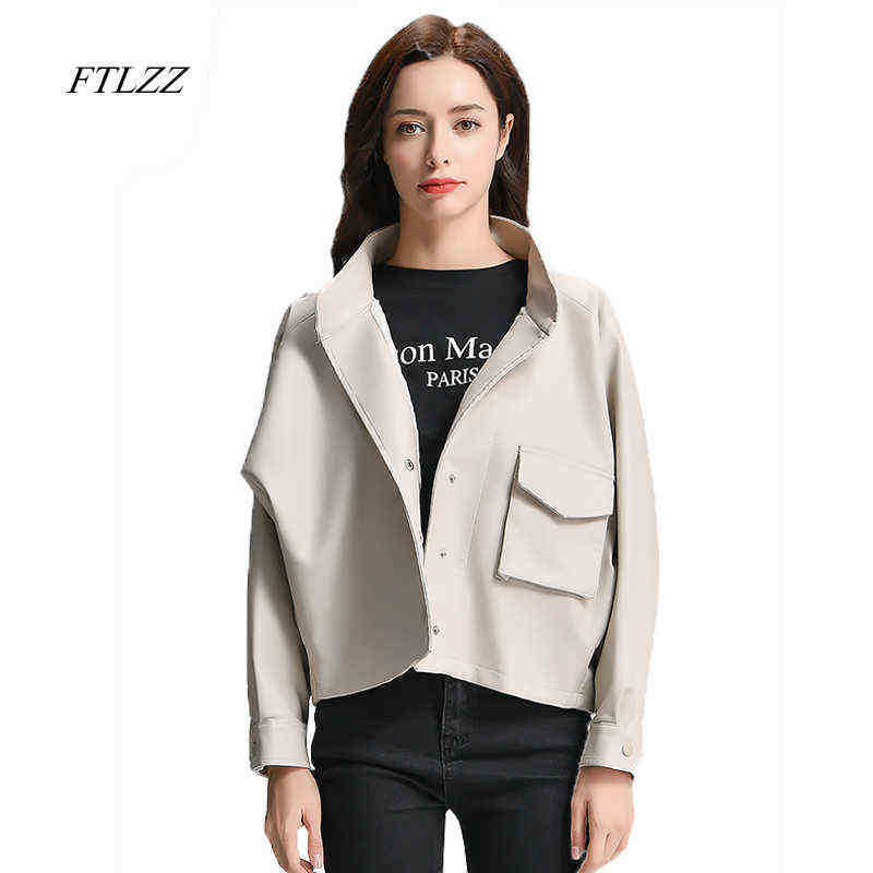 

FTLZZ Faux Leather Jacket Women Casual Single Breasted Long Sleeves Motorcycle PU Leather Jackets J220727, Rice white.