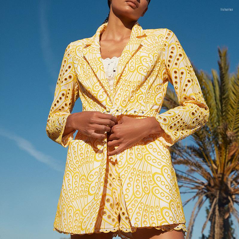 

Women' Suits High Quality 2023 Spring Women Hollow Out Blazers V-neck Long Sleeve Embroidery Coat, Black