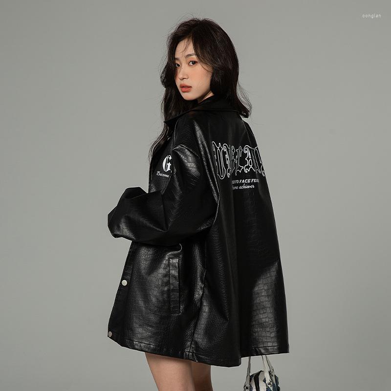 

Women's Leather Black White Pu Jacket Women 2022 Fall Coat Girls Fashion Korean Style Gothic Letter Print Jackets