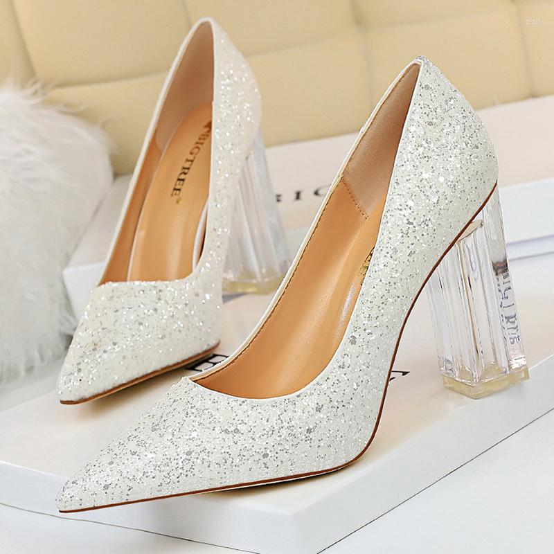 

Dress Shoes European And American Style 7 Colors Women Sparkling Sequined Transparent Crystal Thick High Heel Pumps Fashion