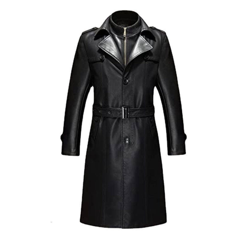 

Men's Jackets Duberess Mens Double Collar Long Trench Coat Long PU Leather Jacket Parka S5XL 221014, Black