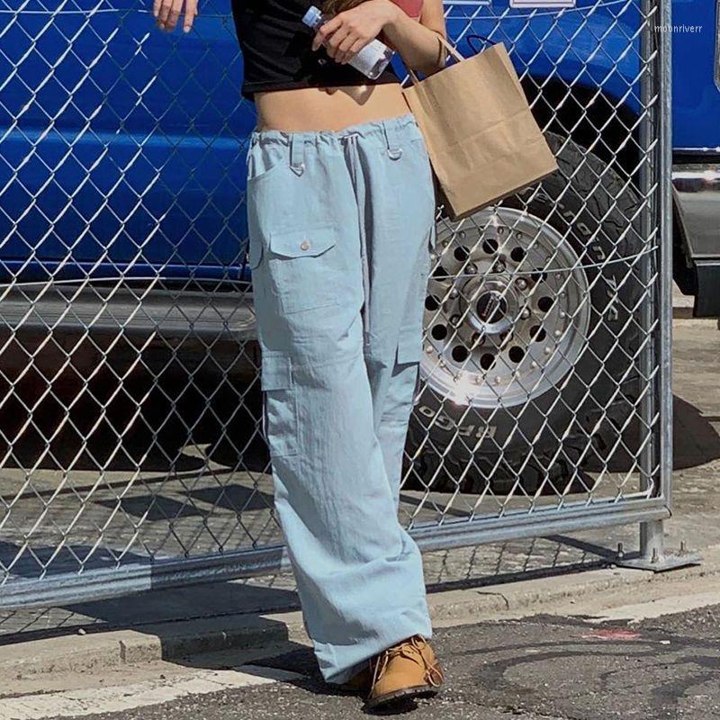 

Women' Pants Y2k Autumn Vintage Baggy Jeans Cargo For Women High Waist Streetwear Pockets Straight Trousers Overalls, Blue