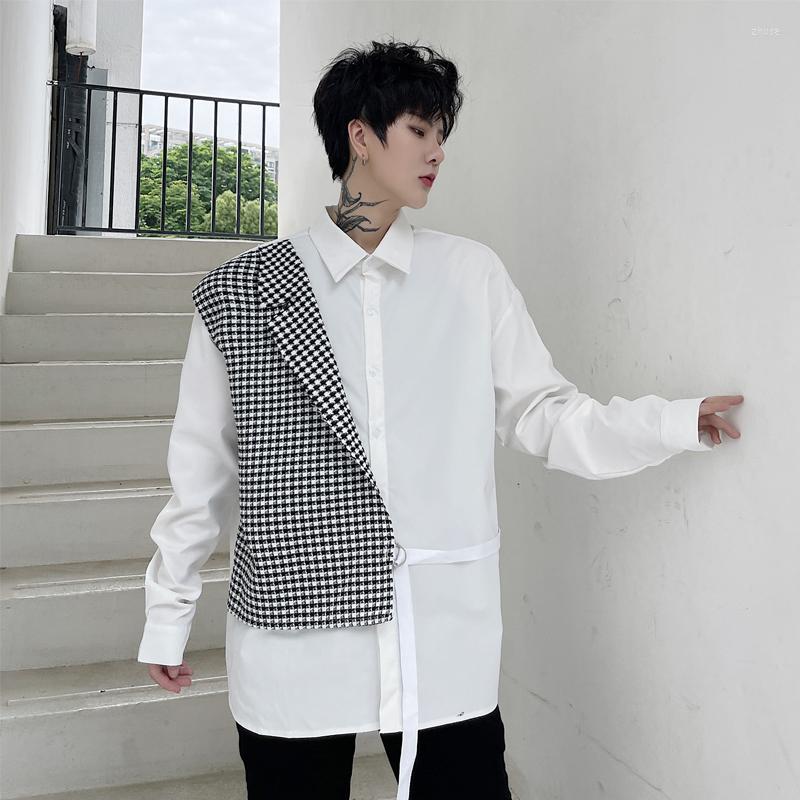 

Men's Casual Shirts High Street Shirt Men Long Sleeves Black White Color Patchwork Stage DJ Clothing Spring Autumn
