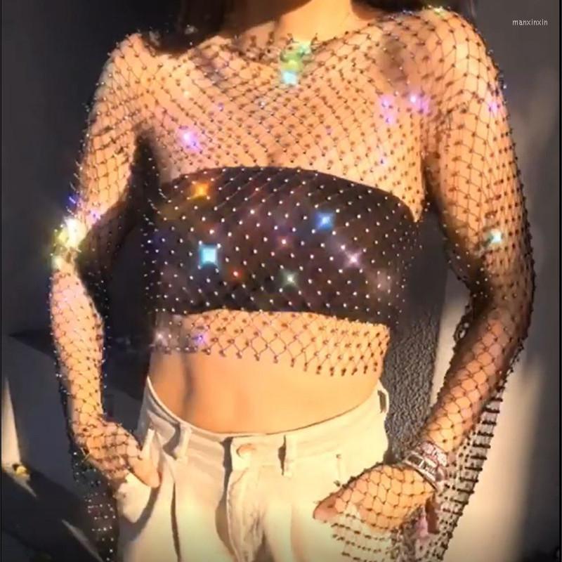 

Women's Blouses Sexy See Through Blouse Shirt Women Ropa Blusas Y2k Diamonds Mesh Tops Ladies Tee Hollow Out Woman Clothes Camisas Mujer, V-red