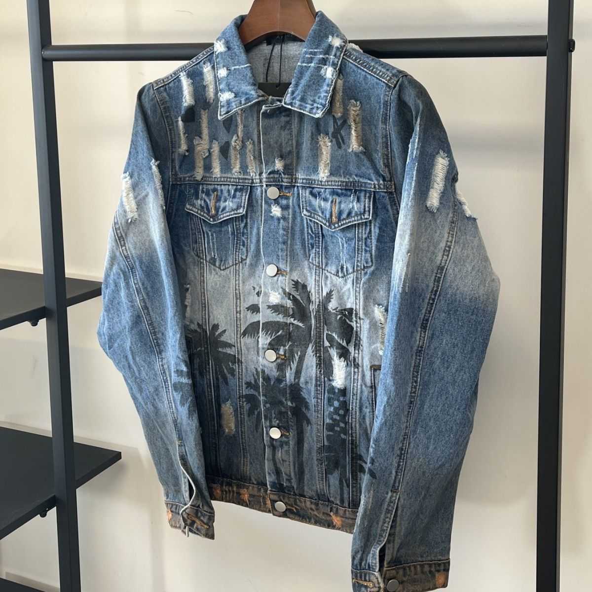 

Men Designer Coats Amri Fashion Jackets Coconut Tree Rendering Damaged Denim Jacket Casual Fit Celebirity Cowboy Denim Winter Thick T8t0, Beige