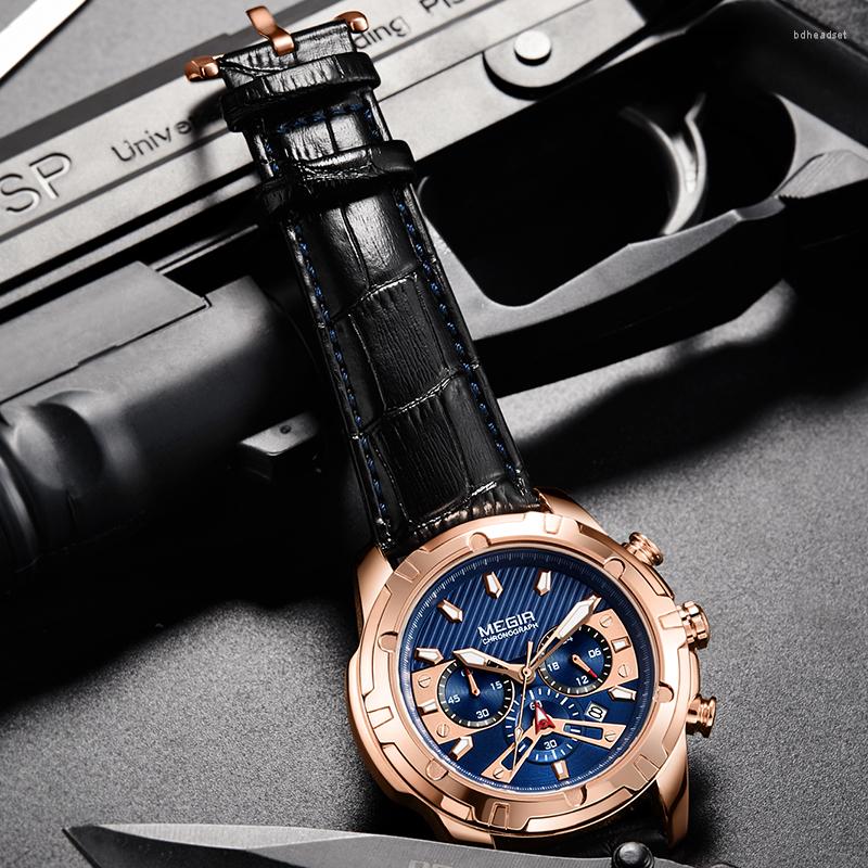 

Wristwatches 2022 Design Creative MEGIR Watch Men Luxury Waterproof Multifunction Chrono Male Luminous Leather Sports Date Quartz Clock, Silver