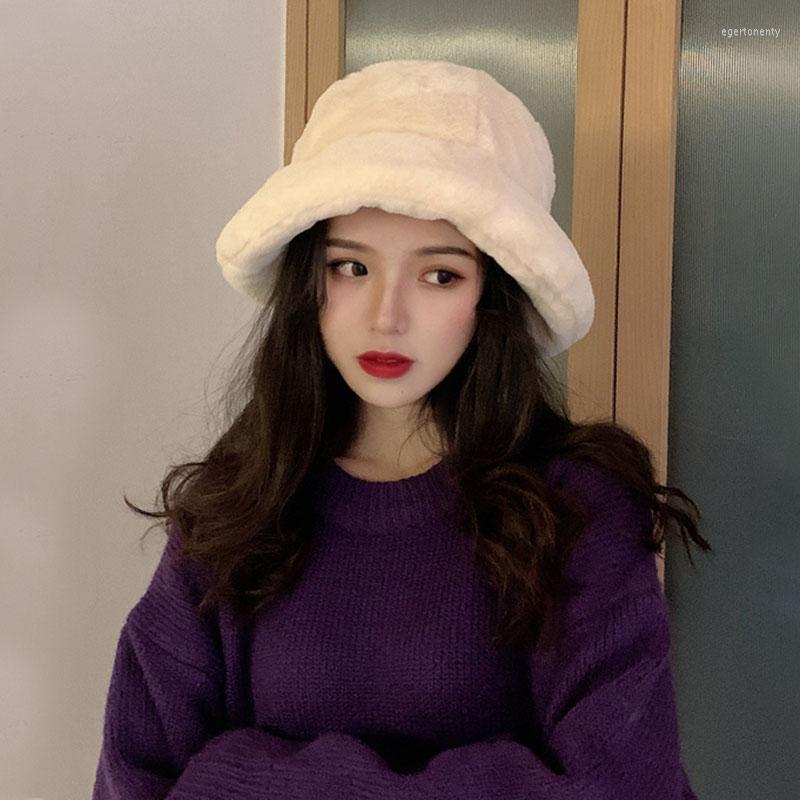 

Berets Fashion Faux Fur Winter Bucket Hat For Women Thickened Soft Warm Panama Cap Girls Solid Outdoor Vacation