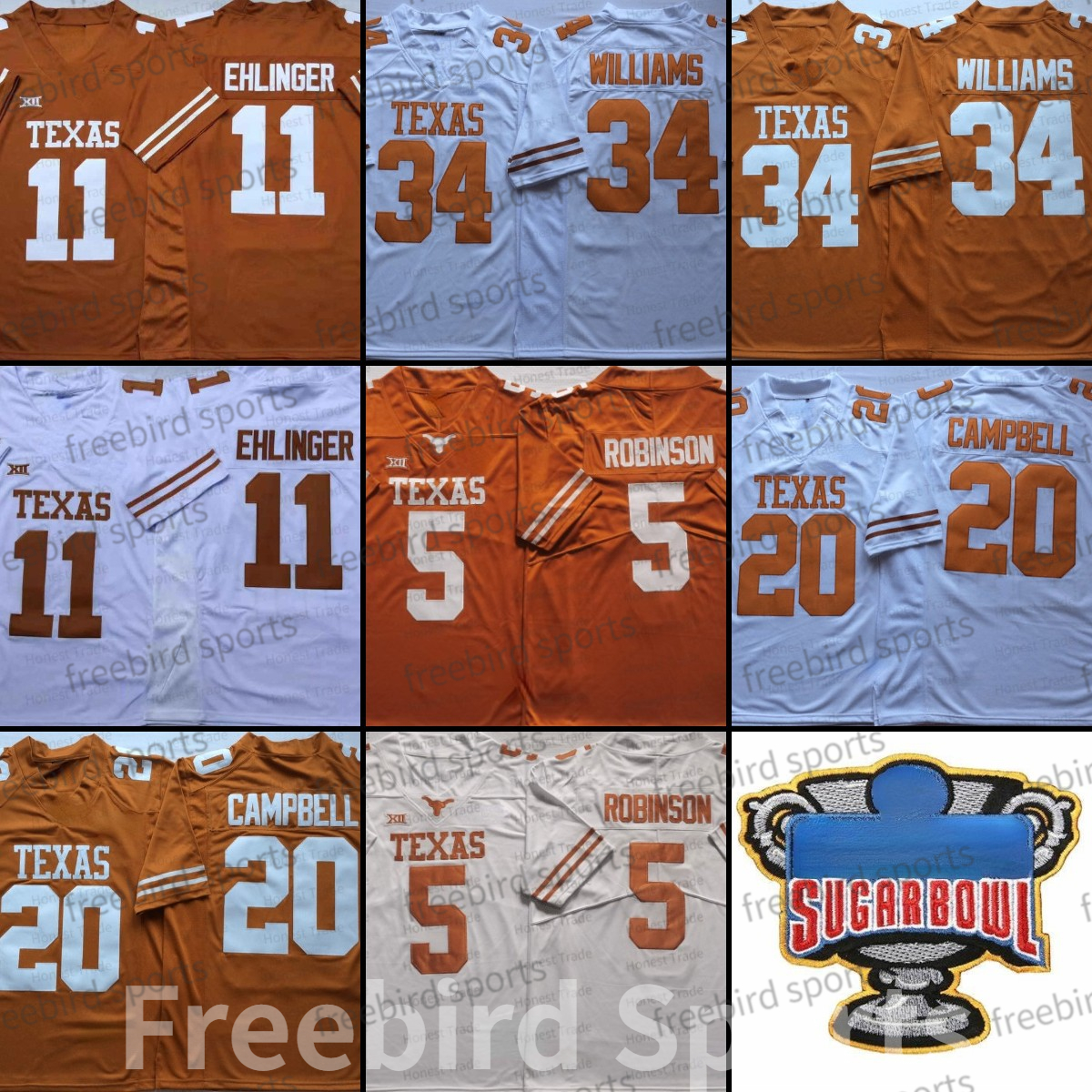 

Texas Longhorns 34 Ricky Williams Football Jersey Robinson 10 Vince Young 20 Earl Campbell White NCAA College Mens Jerseys Stitched, Men;as
