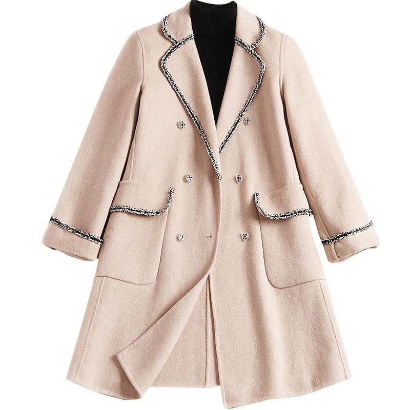 

Women's Wool Blends Small fragrant double faced woolen coat women's winter Lapel breasted wool 221114, Black