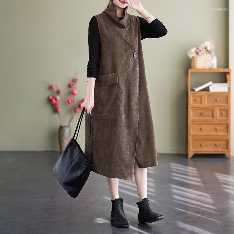 

Casual Dresses 2022 Corduroy Turtleneck Sleeveless Vintae Autumn Winter Dress Office Lady Work Fashion Women Spring, Blue