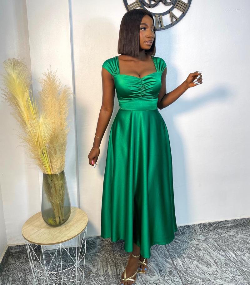 

Casual Dresses Summer Elegant Satin Pleated Women Solid Color Sleeveless Sequare Neck Slim Waist Midi Dresss Backless Female Clothing, Blue