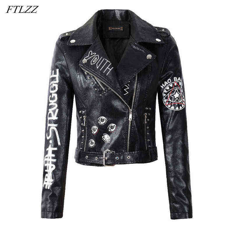 

Ftlzz New Spring Autumn Women Winter Faux Leather Jackets Black Punk Rivet Motorcycle Jacket Zipper Epaulet Printed Biker Jackets J220727