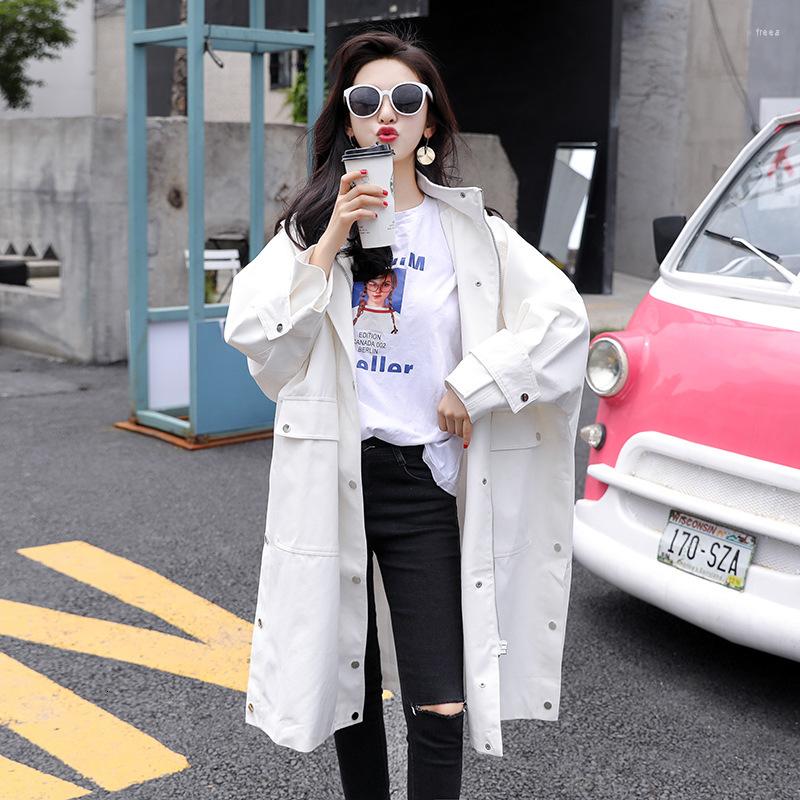 

Women' Trench Coats 2022 Autumn Winter Women Coat Fashion Casual Hooded Letter Printing Windbreaker Ladies Simple White Long LY11
