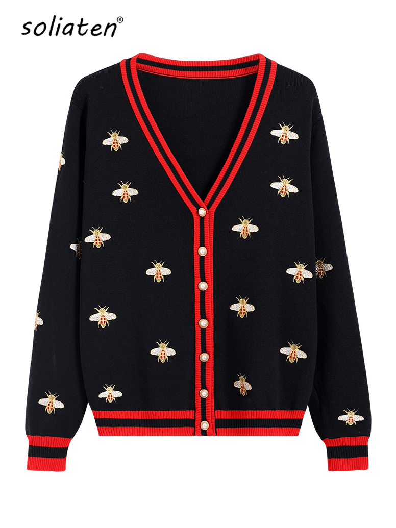 

Women's Knits Tees High Quality Fashion Designer Bee Embroidery Cardigan Long Sleeve Single Breasted Contrast Color Button Knitted Sweaters C068 221114, White