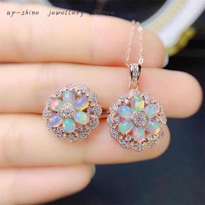 

Cluster Rings Natural Australian Opal Gemstone Rings&pendant Real 925 Silver Flower Jewelry Set Fine Charm For Women