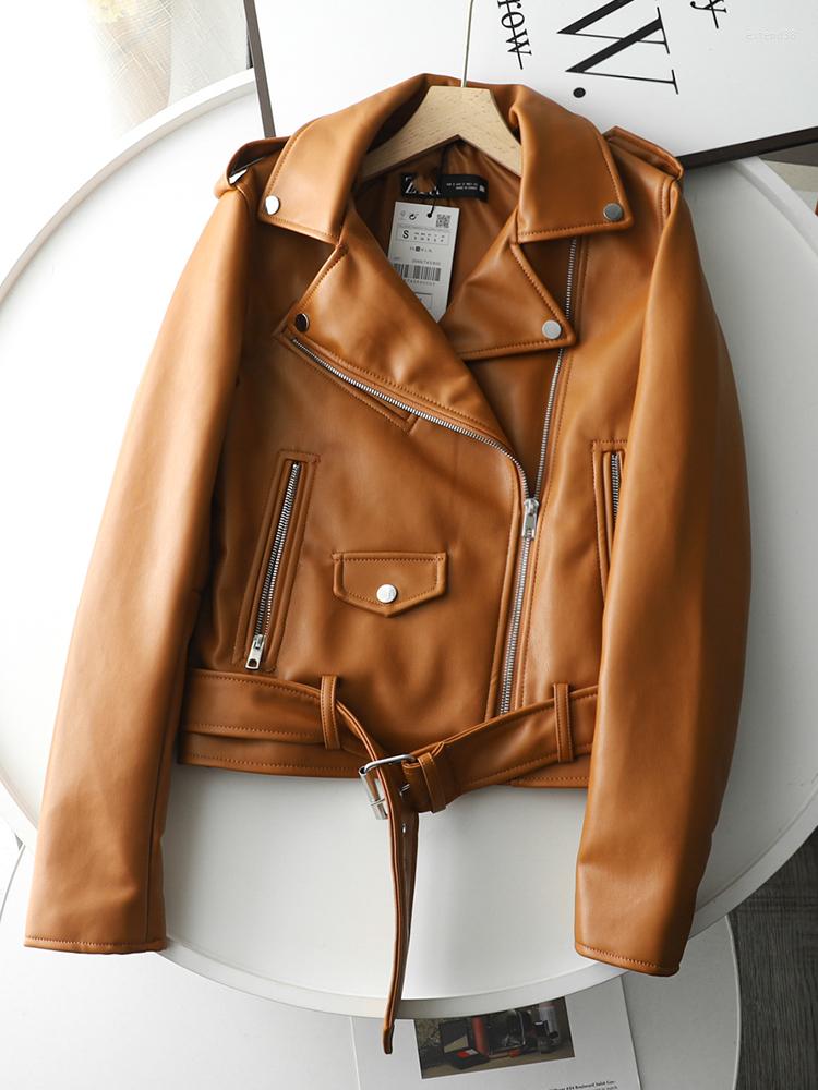 

Women' Leather FMFSSOM Spring Women Soft Casual Faux Jacket Autumn Sashes Fashion Turn Down Collar PU Coat With Belt Brown Outwear, Soft beige