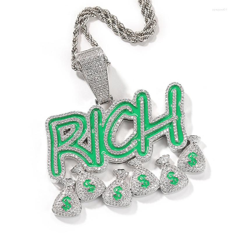 

Pendant Necklaces RICH Money Pockets Fluorescence Green Iced Out Zircon For Men Hip Hop Jewelry