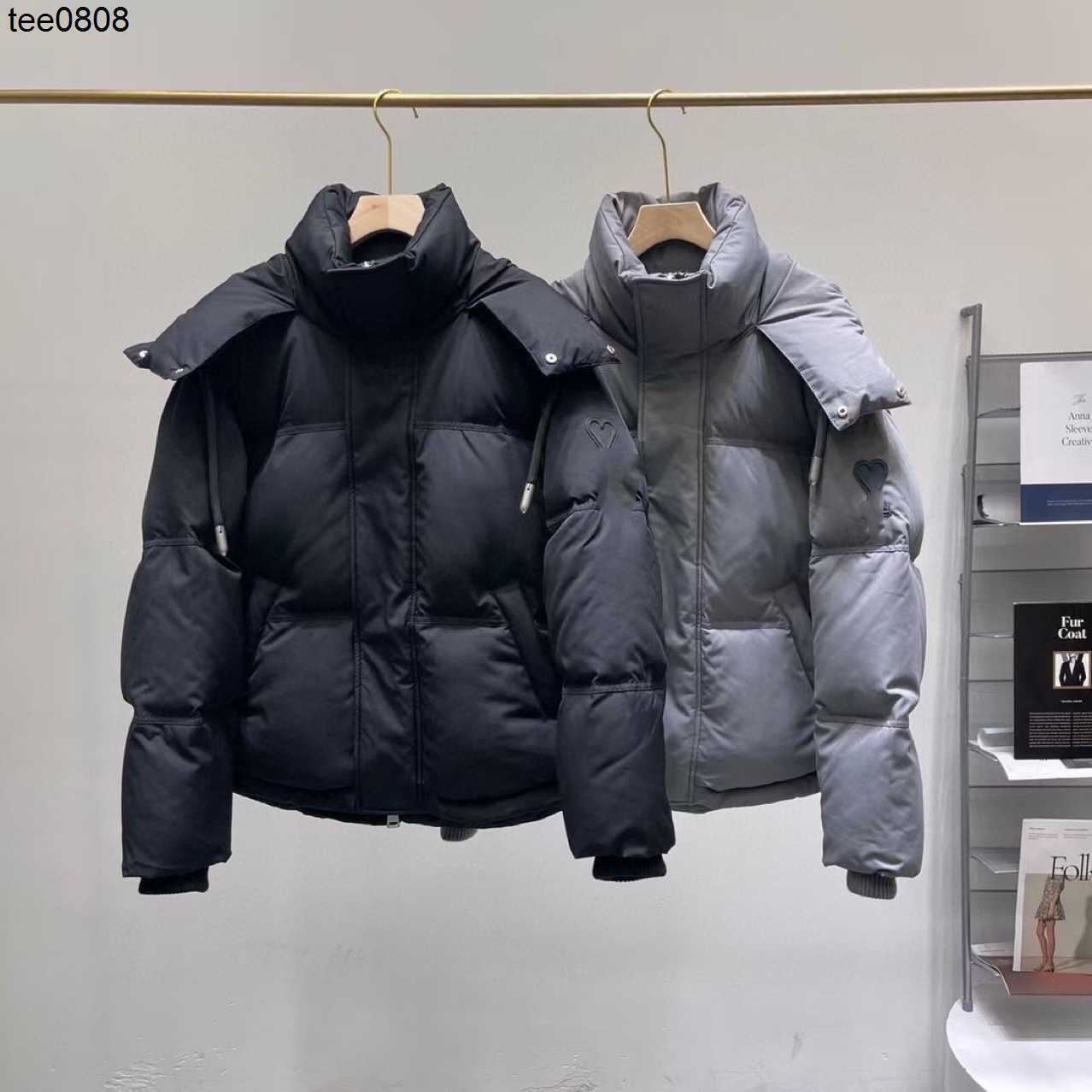 

AMIS new solid color glue pressing love small arc hem hooded lovers' thickened down jacket Winter necessities, Black