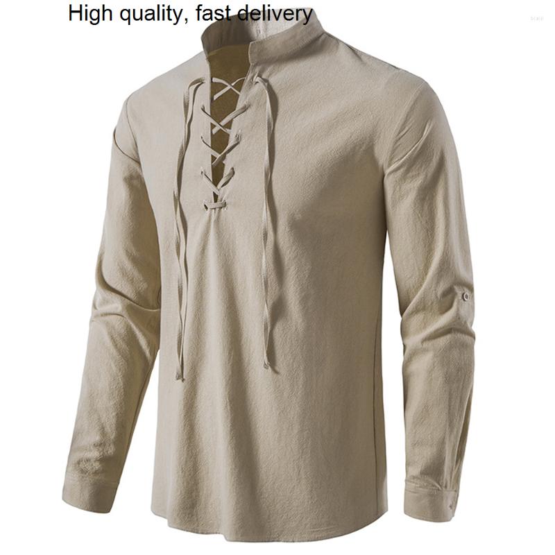 

Men's Casual Shirts Style Henley European Shirt For Man Vintage Fashion Men's Linen Summer Cotton Polo Lace Up Streetwear, Black