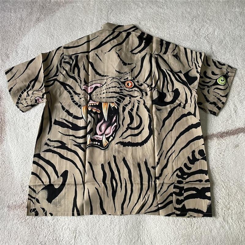 

Men's Casual Shirts Blue Tiger Print WACKO MARIA Shirt Men Women High Quality Hawaiian Beach Top Tee Short Sleeve