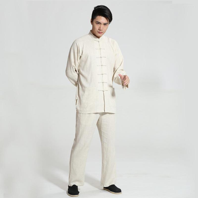 

Ethnic Clothing Arrival Chinese Men's Solid Cotton Linen Suit Long Sleeve Wu Shu Tai Chi Sets Thin Buddhist Clothes YZT0902