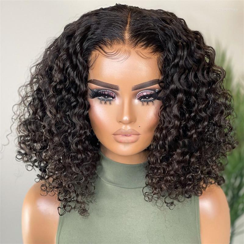 

Short Bob Natural Black Kinky Curly Synthetic Hair Lace Front Wig Baby Pre Plucked Deep Part 4x4 Closure Silk Base, Picture shown