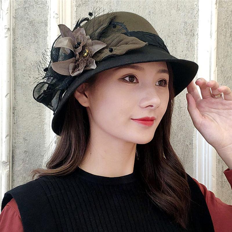 

Berets 2022 Winter Retro Fedora Hat Women Chapeu Femme Feutre Floral Sombrero Mujer Bowler Vintage Formal Wool Felt Hats, Army green