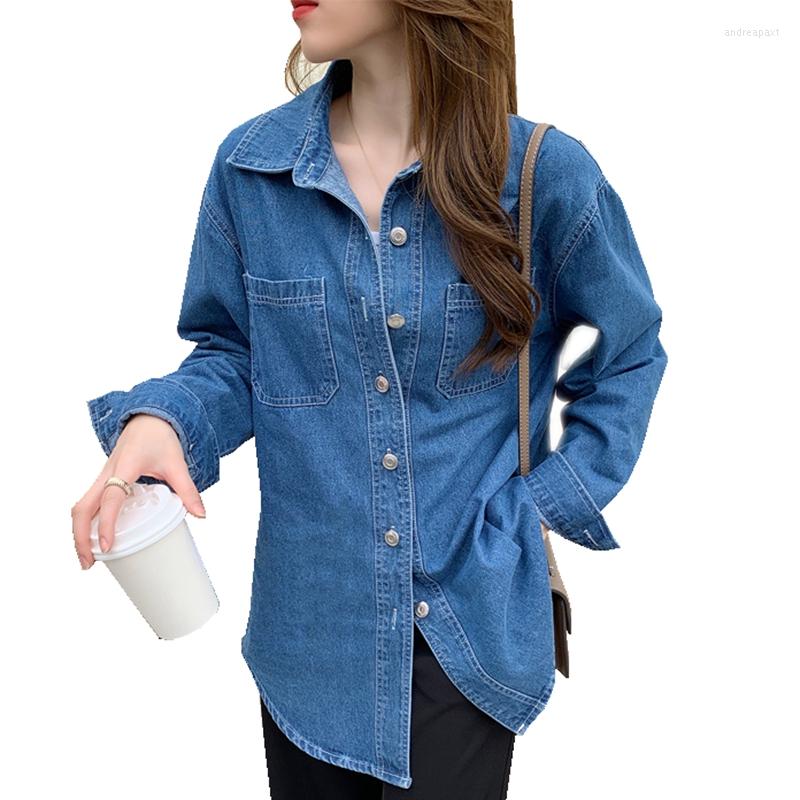 

Women' Blouses Women Spring Autumn Turn-down Collar Pocket Long-sleeve Long Style Single Breasted Blouse Loose Denim Shirt Casual Tops, Picture shown
