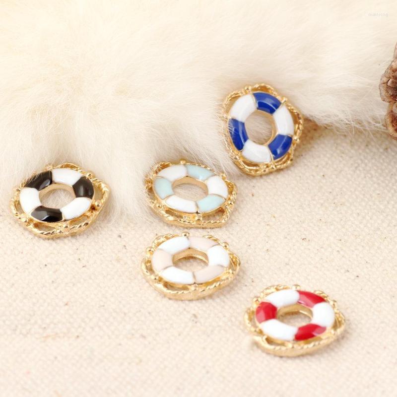 

Pendant Necklaces Wholesale Ornament Decor Fashion Summer Lifebuoy DIY Jewelry Bracelet Charms Gold Tone Alloy Enamel Round Chain Charm