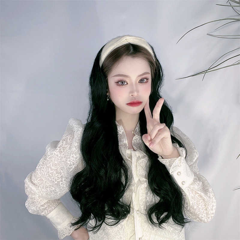 

Women's Hair Wigs Lace Synthetic Women Lazy Band Half Cap Long Curly Hair Net Red Belt Tracel Big Wave Wig Cover, Black