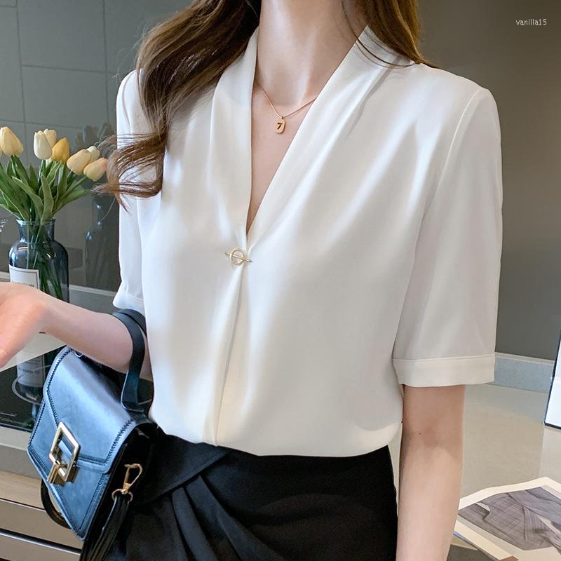 

Women' Blouses 2022 Summer Pure White Blouse Women' Temperament Casual Short-sleeved Korean Version Of Slim Top Em