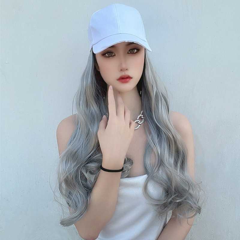 

Women's Hair Wigs Lace Synthetic Women's Flat Tongue Long Curly Hair Headgear Korean Spring and Summer Baseball Hat Wig, Granny gray