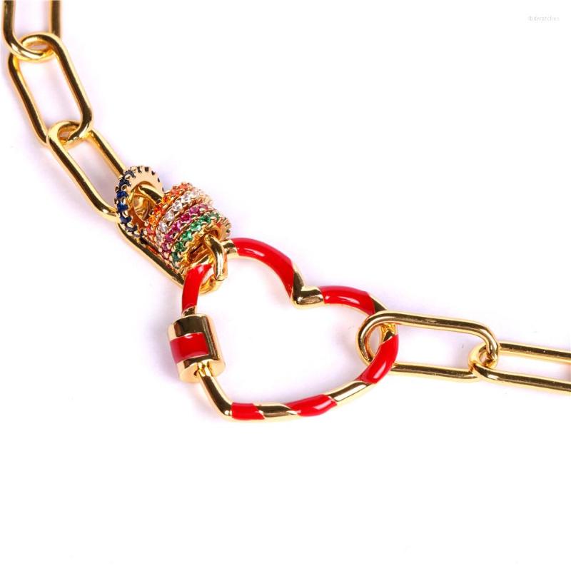 

Pendant Necklaces EYIKA Hiphop Multicolor Enamel Heart Bolt Link Chain With Sliding Rings Necklace Zirconia Gold Punk Statement Jewelry