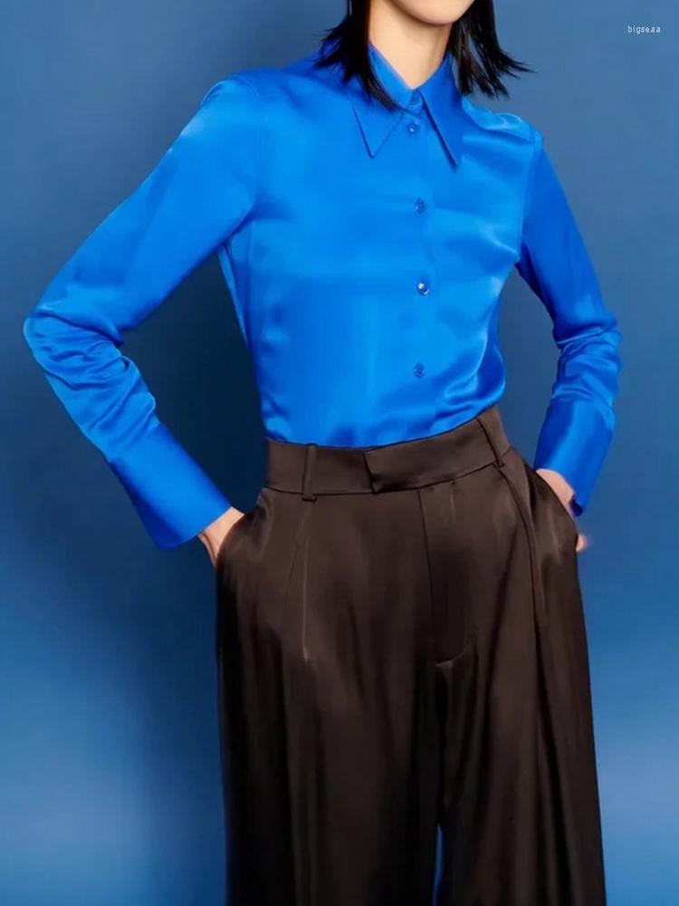 

Women's Blouses 2022 Spring And Autumn Satin Lapel Solid Color Casual Shirt Women, Blue