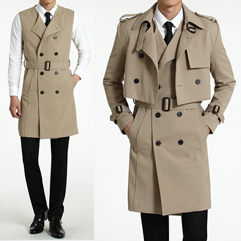 

Men's Jackets Twopiece Trench Coat Men's Spring Fashion Short Jacket and Long Vest Plus Size Coats Fashion Casual Streetwear Outerwear 221014, Khaki