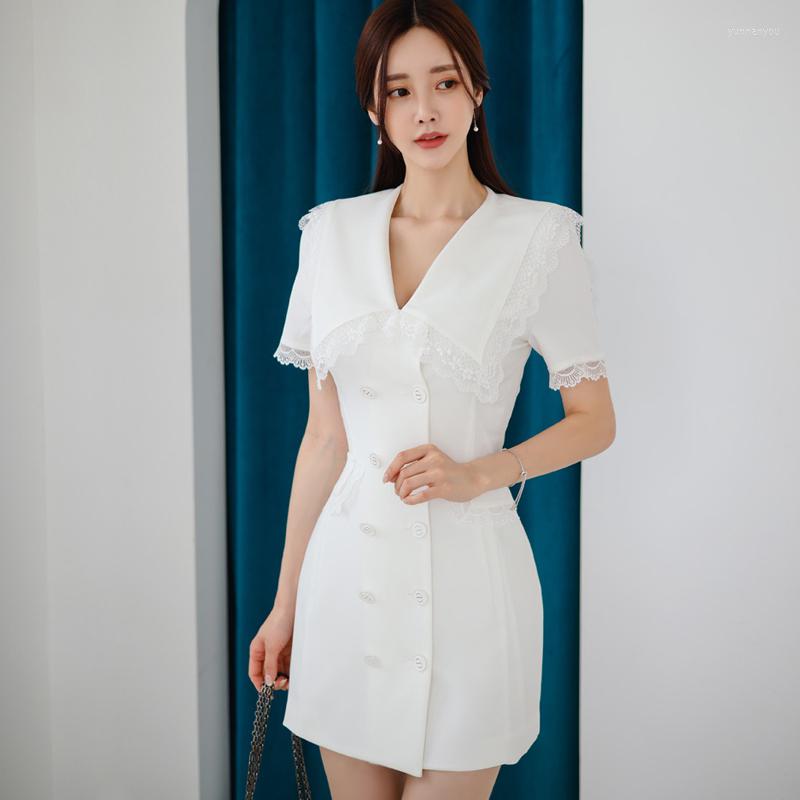 

Party Dresses COIGARSAM Women' Summer Dress 2022 Fashion Patchwork Double Breasted Square Collar White Drop