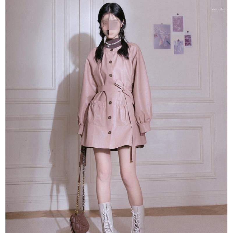 

Women's Leather Pink Sweet Girl Cute Kawaii O Neck Coat Dress Autumn Chic Cool Round Raglan Sleeve Jacket Women