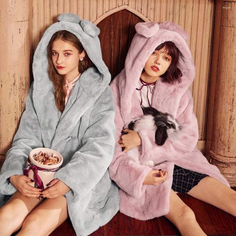 

Women' Fur 2022 Women Autumn Winter Faux Coat European Style Horns Buckle Plush Jacket Casual Hooded Ears Female Coats, Gray