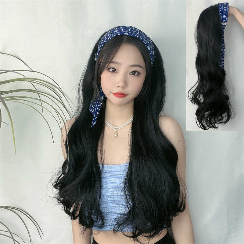 

Women's Hair Wigs Lace Synthetic Wig Women's Medium Long Ribbon Lazy Band Integrated Summer Uv Half Cap Imitation Hair Big Wave, Black wig