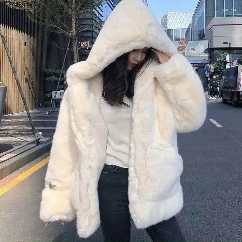 

Women's Fur Fashion Women's Hooded Coats Nice Plush Loose Long-sleeved Outerwear Woman Winter Thicken Warm Solid Jacket Ladies, White
